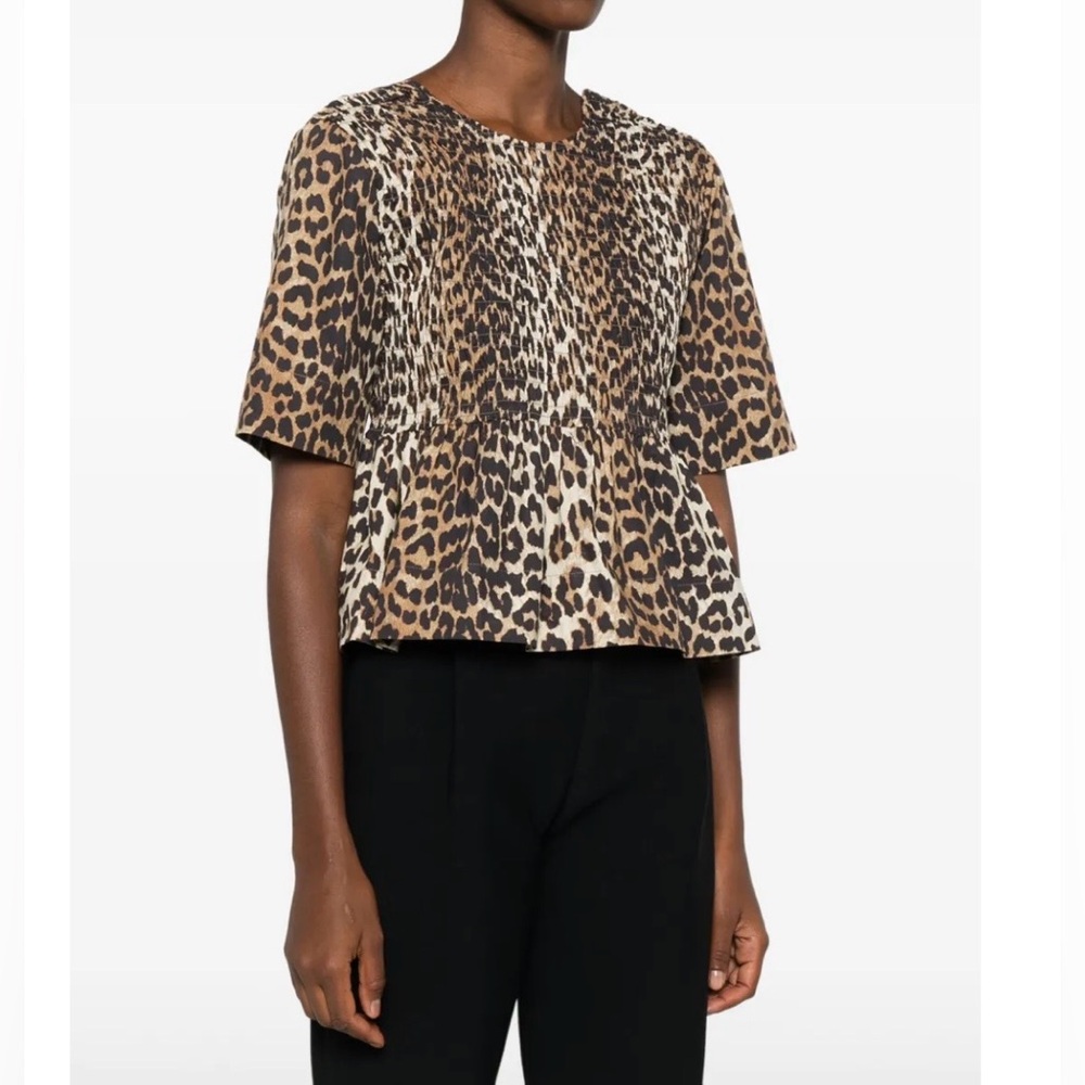 Ganni Smock Leopard Print  Blouse, 38, cotton, NWOT,deep back, A- line, cropped